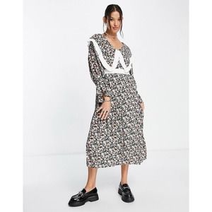 Sister Jane Midi Dress with Oversized Bib Collar Dark Floral Small